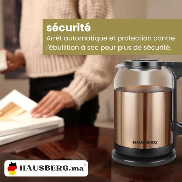 Hausberg HB-3622AU Bouilloire Electrique en Verre avec Revetement en acier inoxydable (1500-1800W, 50/60 Hz & 220-240V) – Image 3