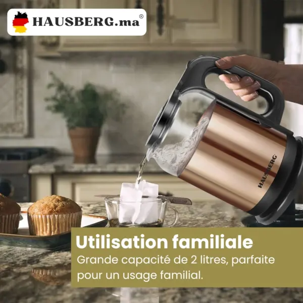 Hausberg HB-3622AU Bouilloire Electrique en Verre avec Revetement en acier inoxydable (1500-1800W, 50/60 Hz & 220-240V) – Image 2